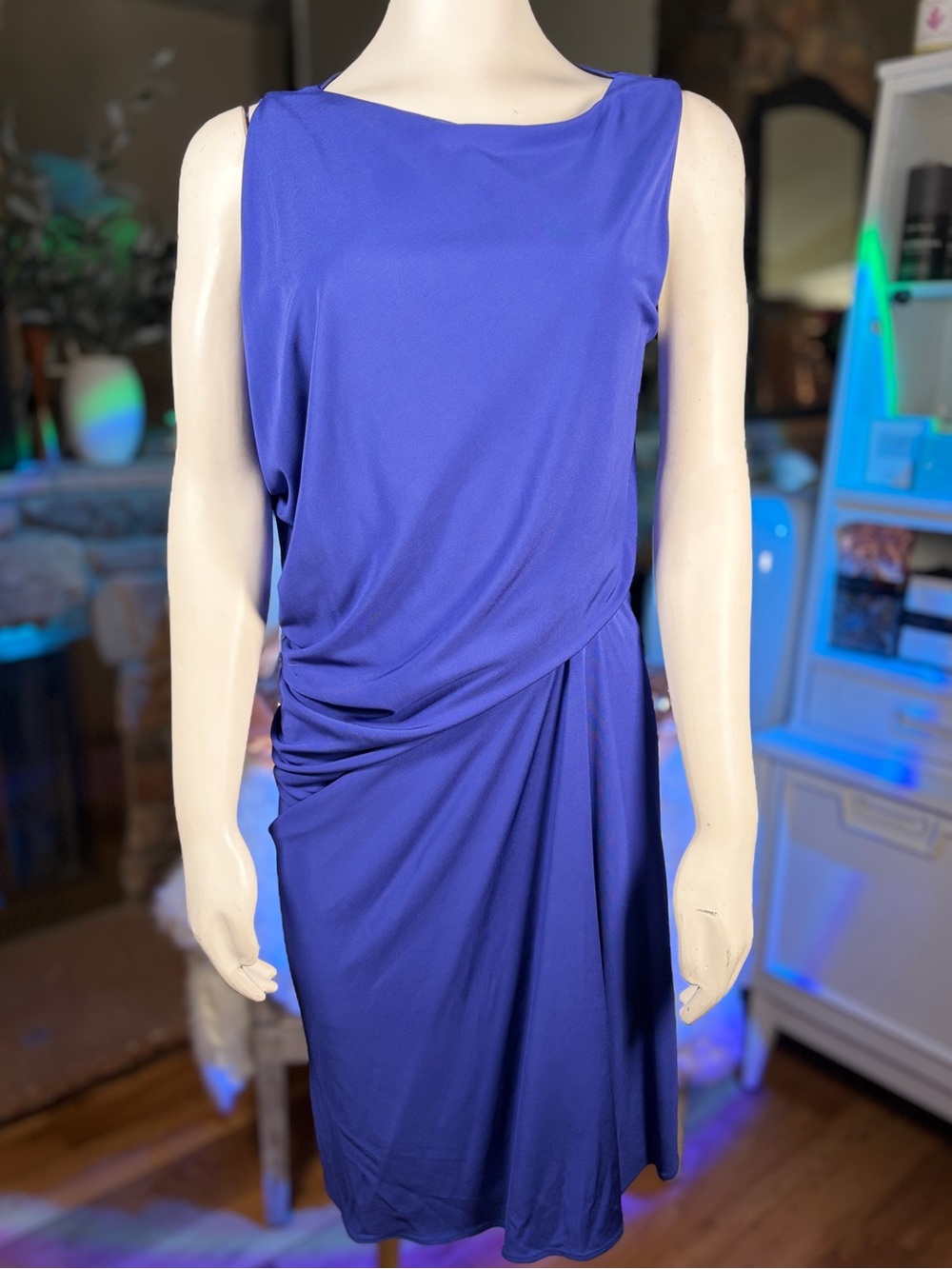 Cut25 Indigo Blue Asymmetrical Draped Sleeveless Pull Over Dress, Sz M